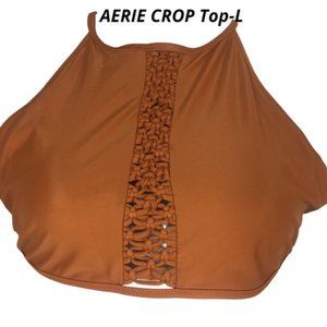 Aerie Bikini Top Size L Burnt Orange Crop Crochet Halter Cross Back Swimsuit Top